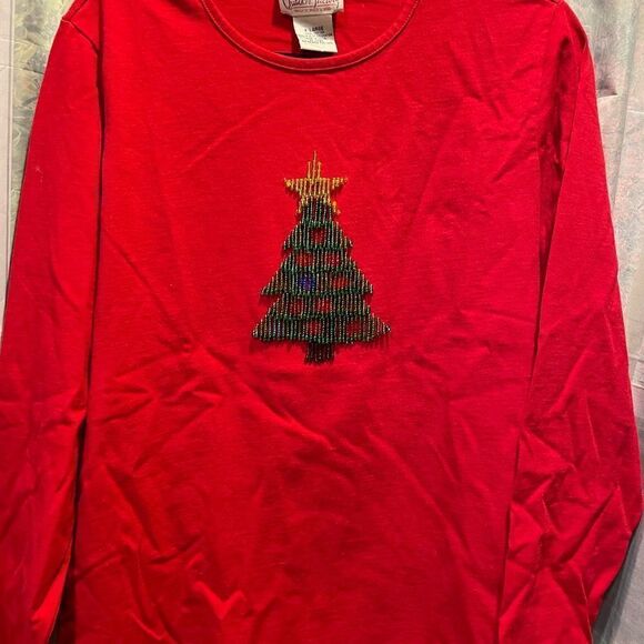 Quacker Factory Woman’s Glass Beaded Christmas Tree long sleeved red shirt XL - Picture 2 of 11
